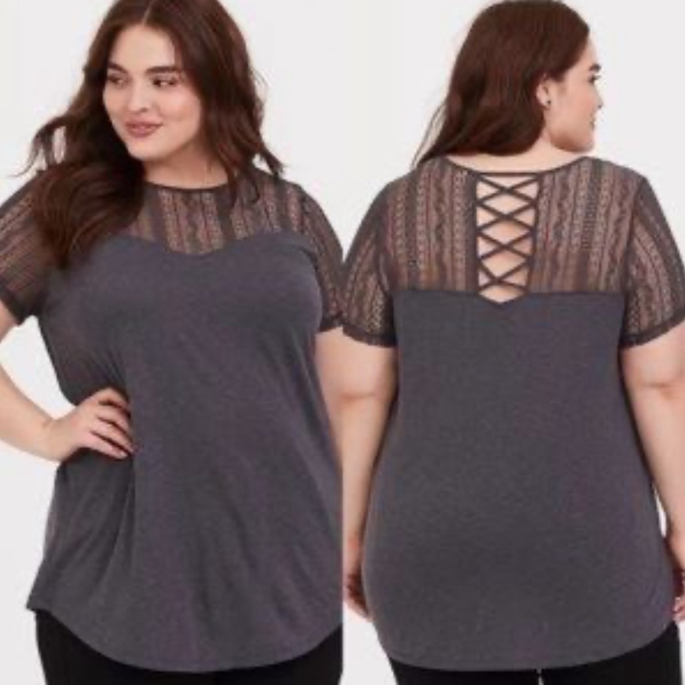 Torrid Knit Crew Neck Lace Yoke Lattice Detail Back Top